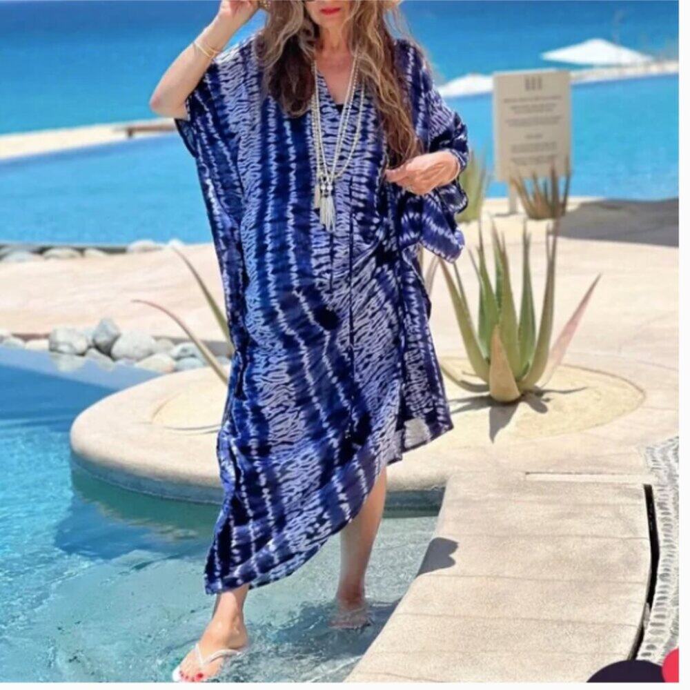 Pax Philomena Tie Dye Shibori Maxi Kaftan Navy Blue Dress